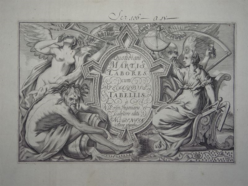 Frontispicio del libro  Qutididiani Martis Labores..., 1692. Nikolaus Person
