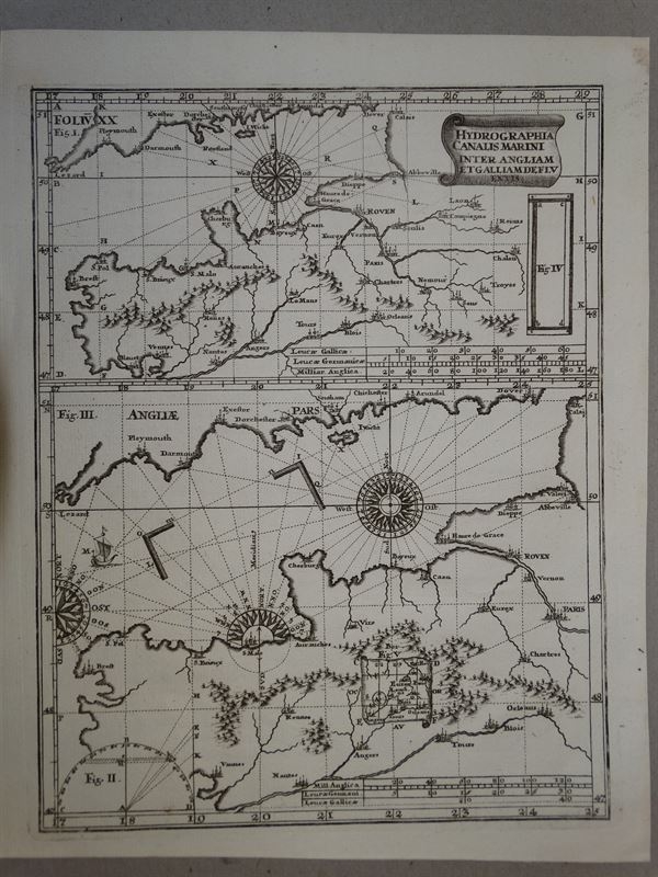 Mapa y carta marina del Canal de la Mancha (Inglaterra-Francia), circa 1705.H. Scherer