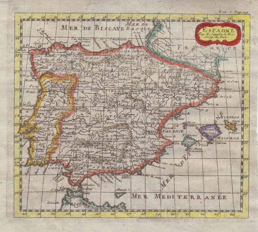 Mapa de España y Portugal, 1721. N. Sanson