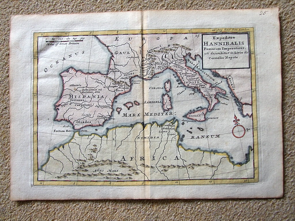 Mapa de Europa occidental, 1721. Expedición de Anibal. Herman Moll