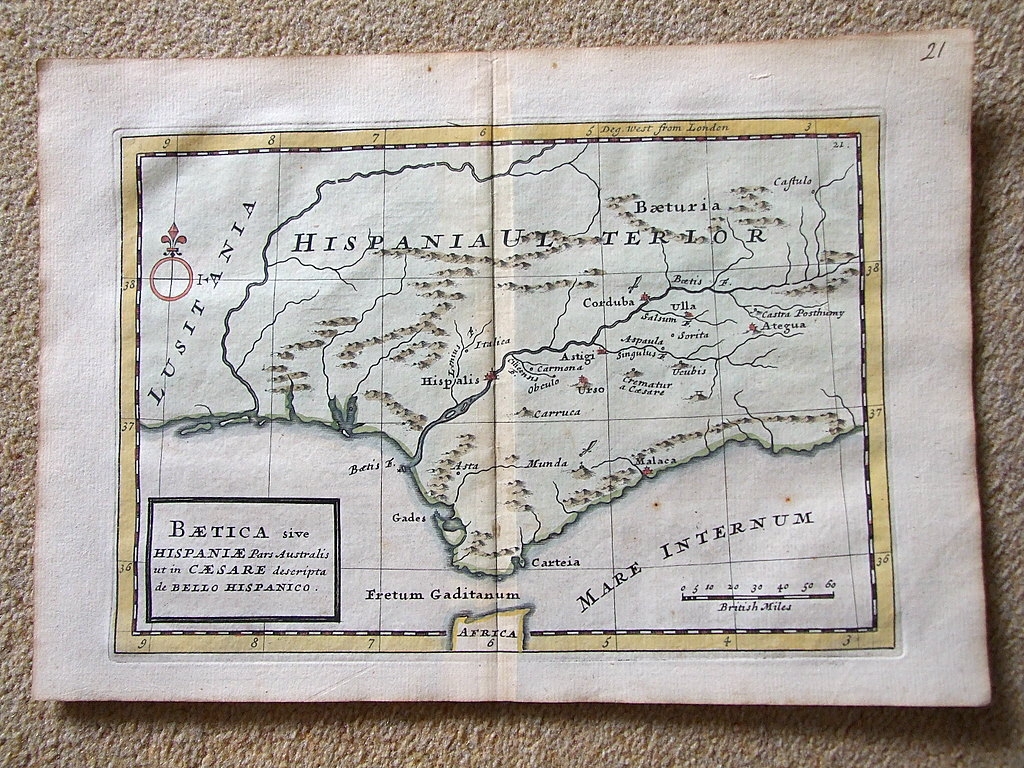 Mapa del sur de España, Baetica romana, guerra civil de César, 1721. Herman Moll