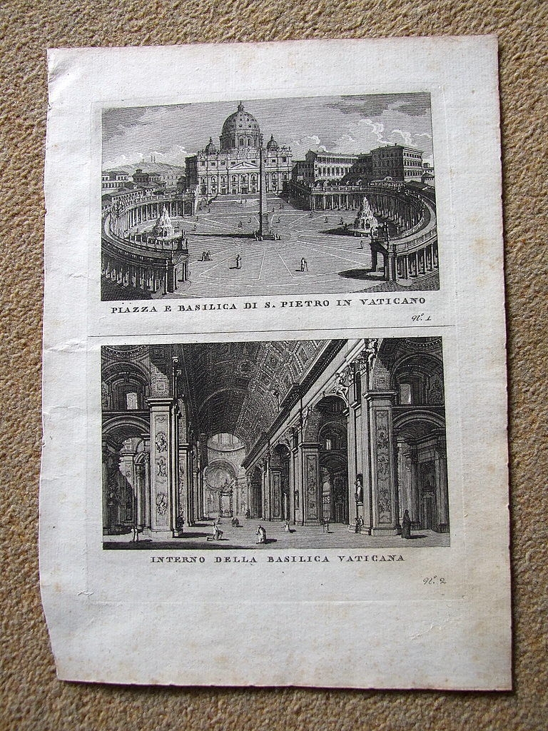 Plaza y basílica de San Pedro, en El Vaticano e interior (Roma), 1790.