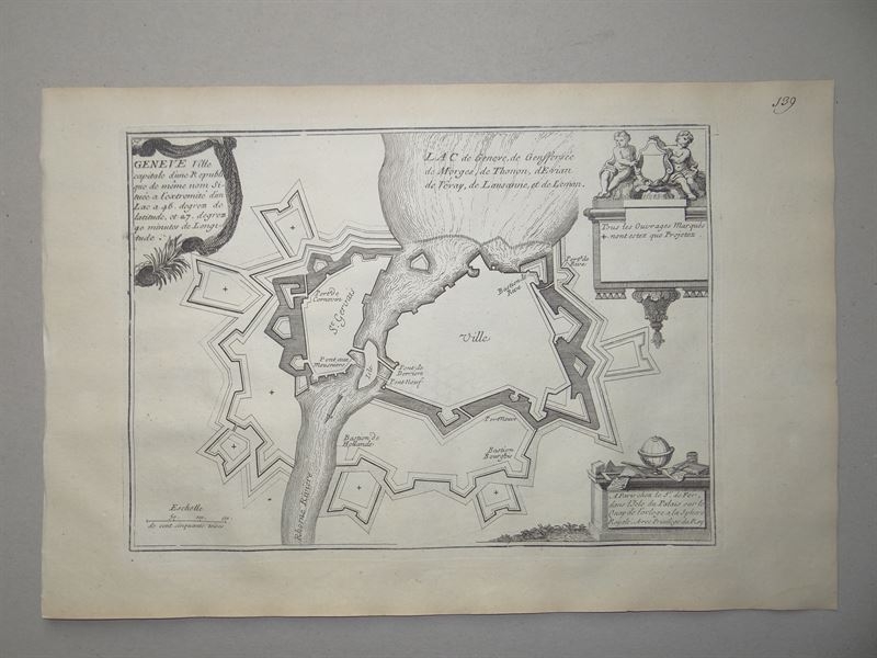 Mapa de la ciudad de Ginebra, circa 1700. Nicolás de Fer