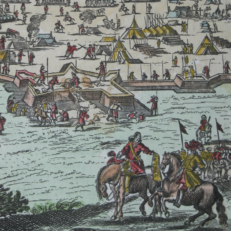 Soldados asediando una ciudad fortificada del Arte de la Guerra de Mallet, 1696