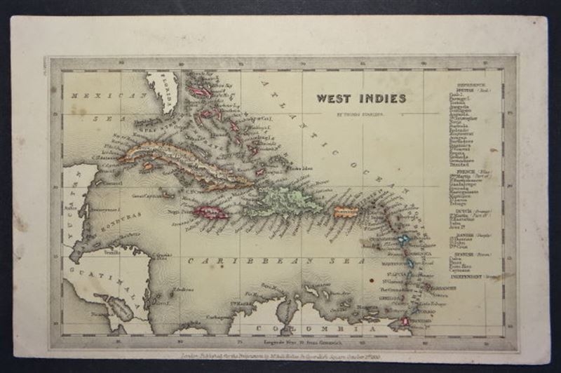 Mapa de las islas del mar Caribe (América central), 1830. Bull Holles