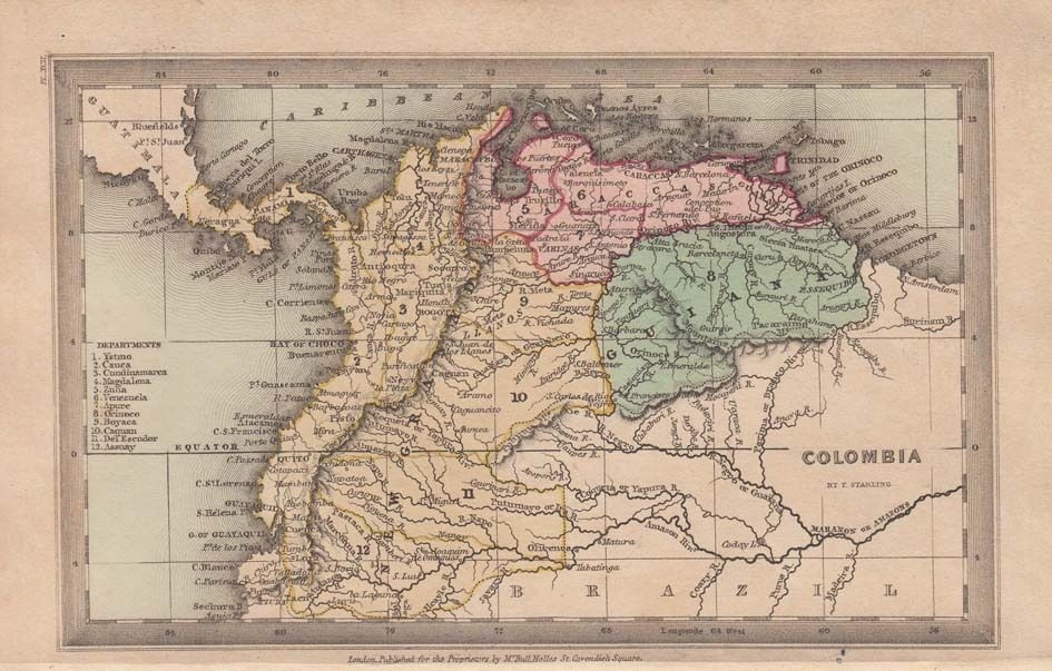 Mapa de Colombia, Venezuela y Guayana (América del sur)), 1834. Starling