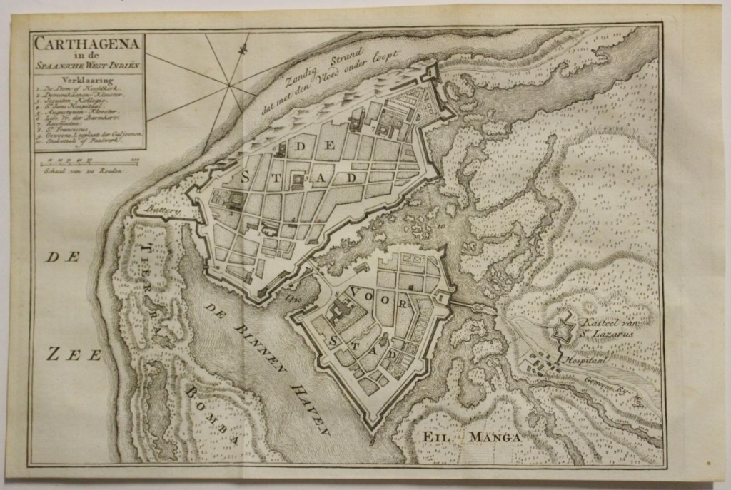 Mapa-plano de la ciudad de Cartagena de  Indias (Colombia, América), 1766. Tirion