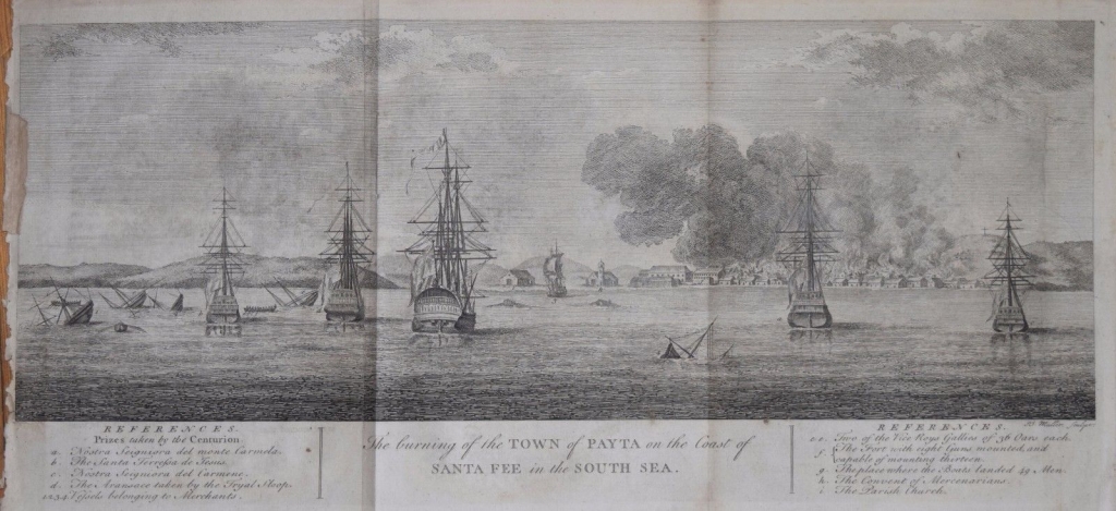 Vista de la ciudad de Paita y la Bahia de Santa Fe (Perú). 1748. Anson