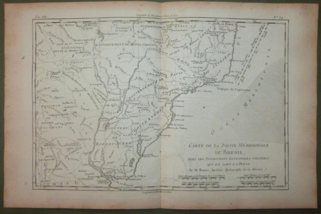 Mapa del sur de Brasil y norte de Argentina (América del sur), 1780. Bonne/Raynal.