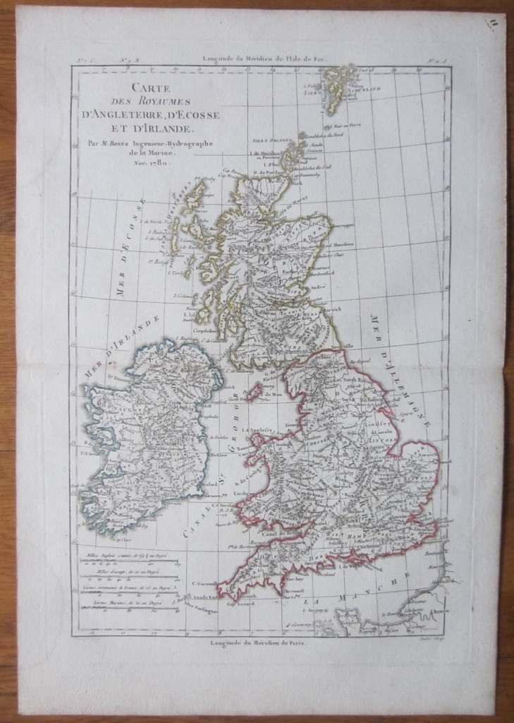 Mapa de Irlanda, Inglaterra, Gales y Escocia (Europa), 1780.Bonne