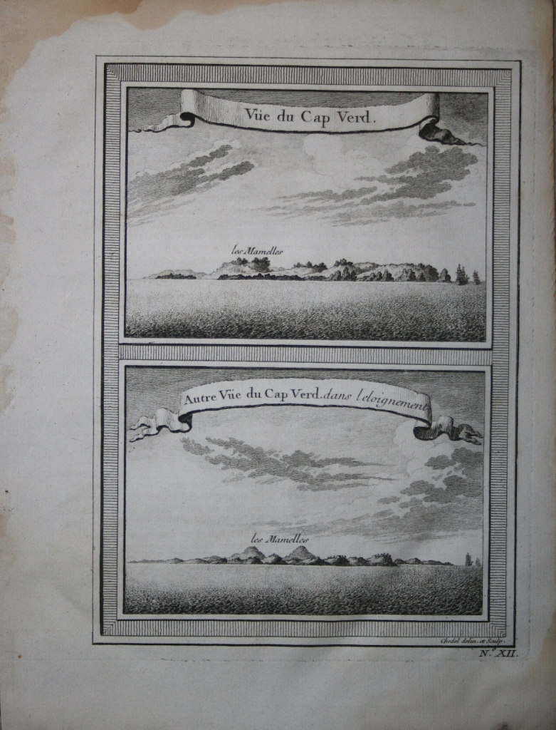 Dos vista de Cabo Verde (África), 1760. Bellin/Prevost/Didot