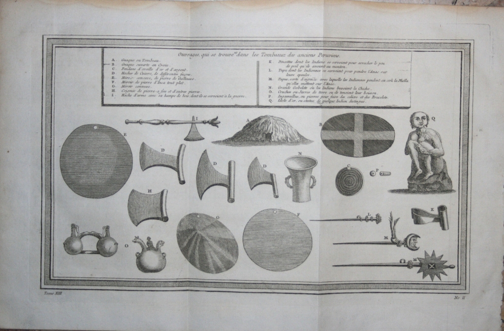 Armas y otros objetos de los nativos de antiguo Perú (América del Sur), 1760. N. Bellin/Prevost