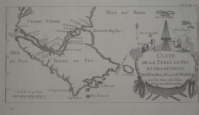 Mapa de Tierra de Fuego y los estrechos de Magallanes y Le Maire (América del sur), 1781. Anónimo