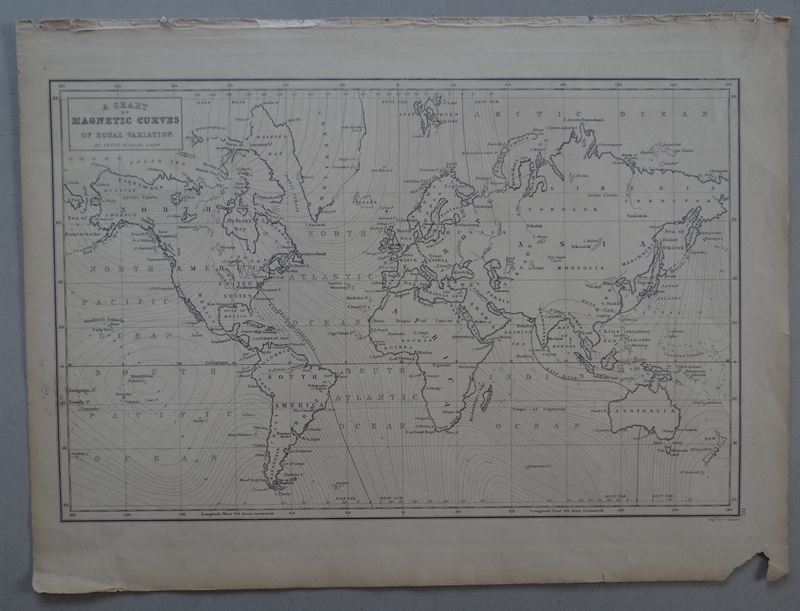 Mapa del mundo y sus curvas magnéticas, 1856. Barlow