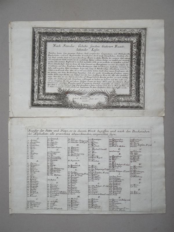 Prólogo e índice del libro  Force de Europe, 1720. Bodenehr