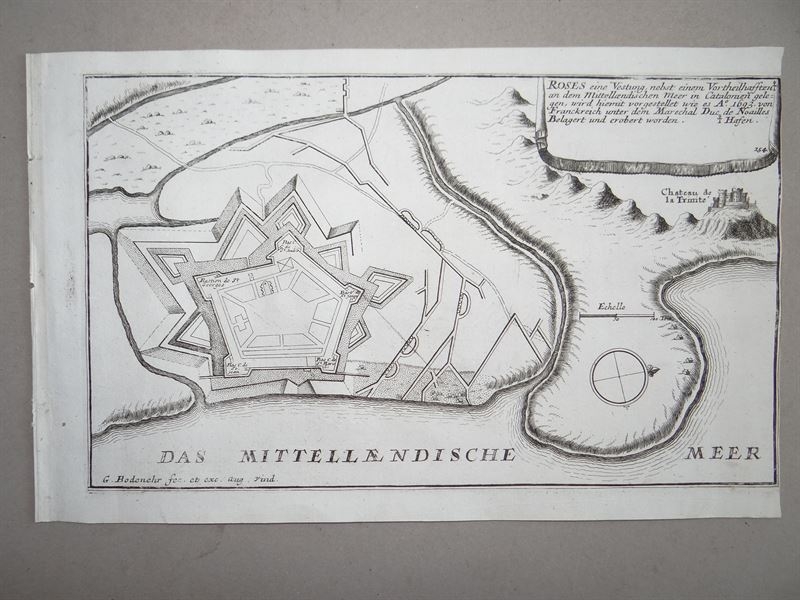 Mapa de la ciudad de Rosas (Gerona, España), 1720. Bodenehr