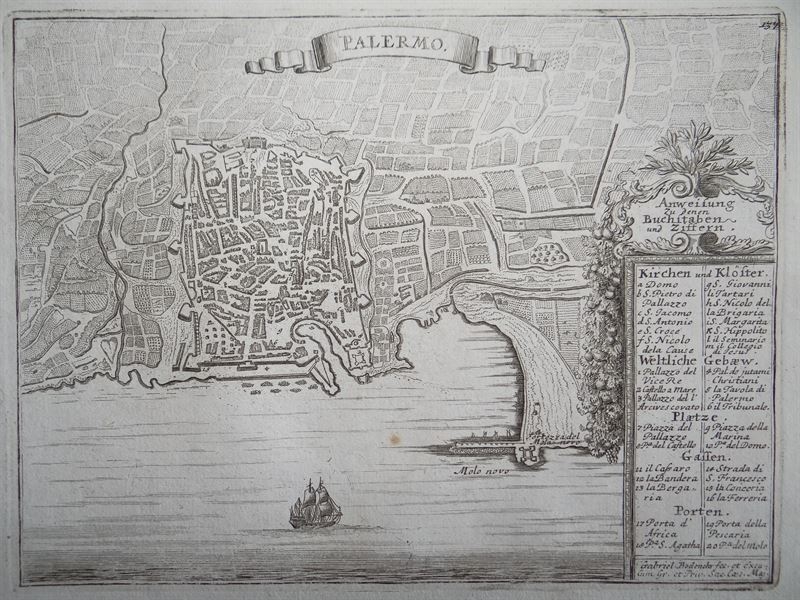 Plano del puerto y ciudad de Palermo ( Sicilia, Italia), 1720. Bodenehr