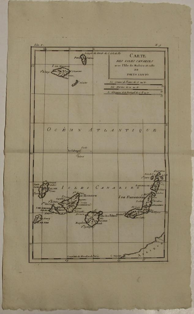 Mapa de las Islas Canarias (España), A Madeira e Porto Santo (Portugal), 1780. Bonne /Raynal