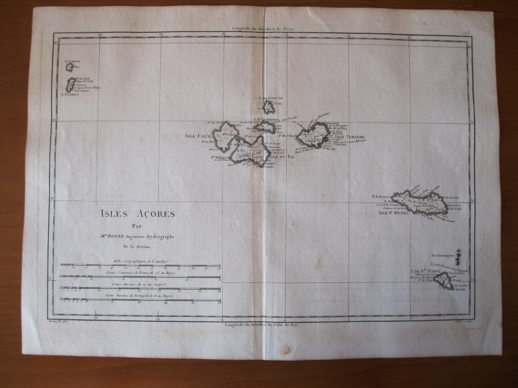 Mapa de las Islas de As Azores (Portugal), 1788. Bonne