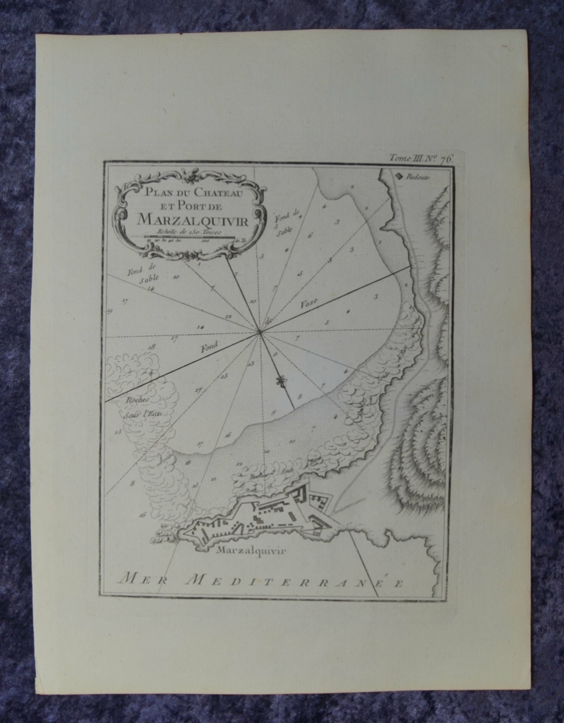 Plano del castillo y el puerto de Mazalquivir en Argelia (África), 1764. Bellin