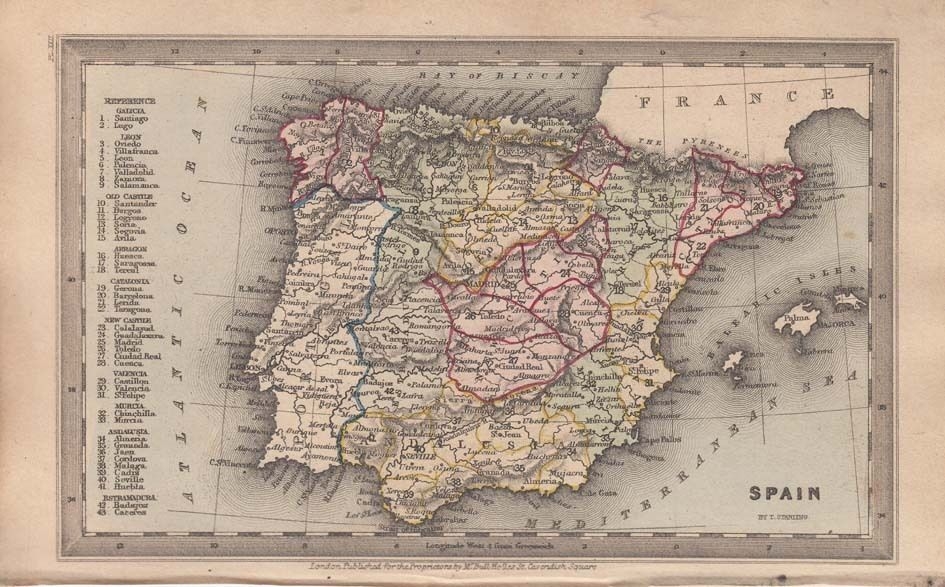 Mapa de España y Portugal, 1834. Starling/Bull