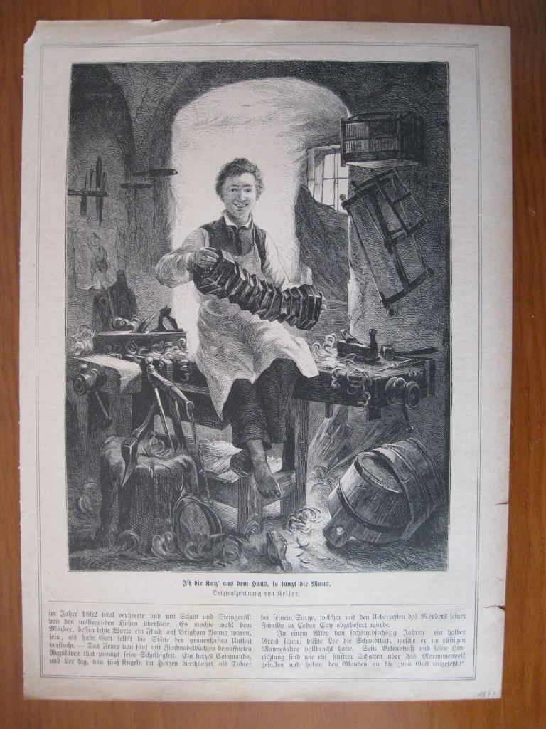 Hombre tocando un viejo acordeón en una carpinteria, 1877