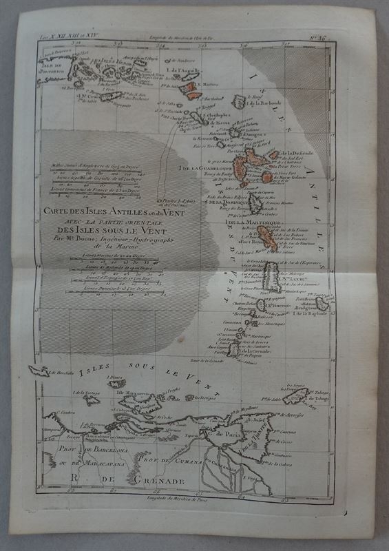 Mapa de las islas de  Pequeñas Antillas y norte de Venezuela (América del sur), 1775. Bonne/ Raynal