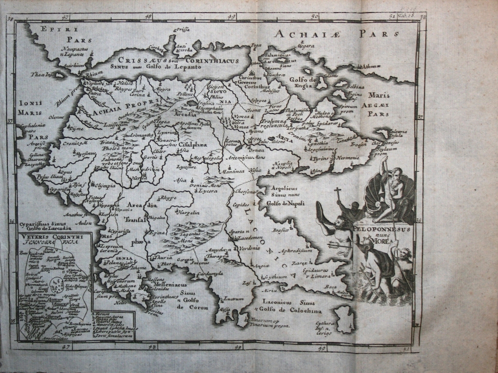 Mapa de Peloponeso o Morea, Grecia, 1711. Cluver/Bunone/Nicholsoni