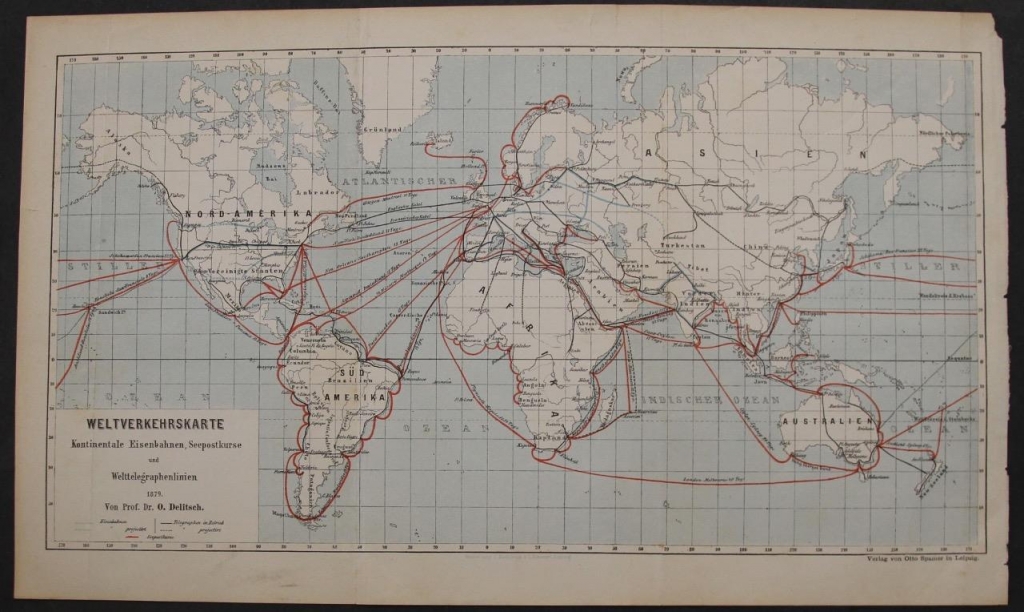 Mapa de las lineas marítimas y telegráficas del Mundo, 1879. Otto Delitsch