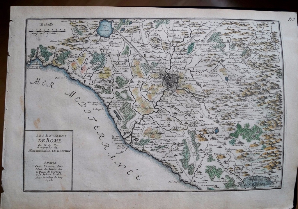 Mapa de los alrededores de Roma (Italia), 1705. Nicolás de Fer