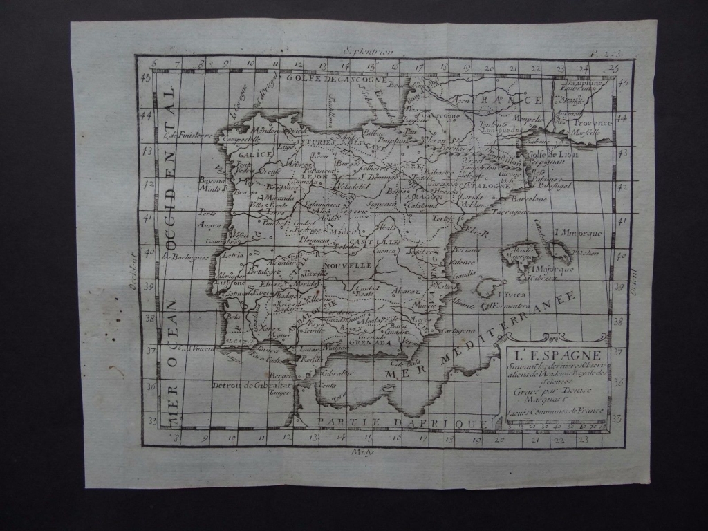 Antiguo mapa de España y Portugal, 1772. Buffier/Macquart