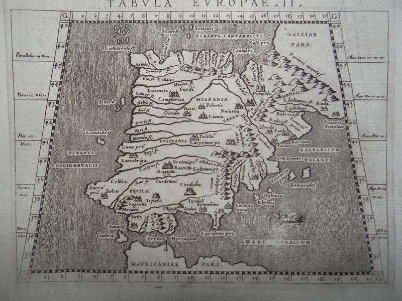 Antiguos mapas del Reino de Portugal,  España e Inglaterra, 1597. Ptolomeo/ Girolamo Porro