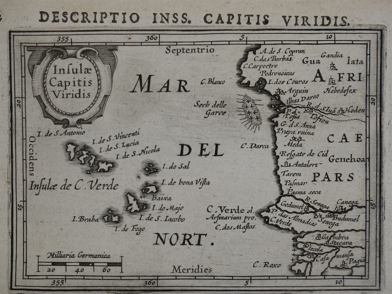 Mapa de las islas de Cabo Verde (África),1616. Bertius /Hondius