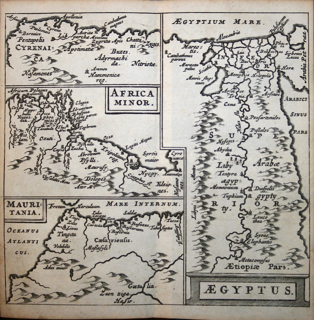 Mapa de Egipto, Marruecos, Túnez y Libia (África), 1661. Clüver/Bertius