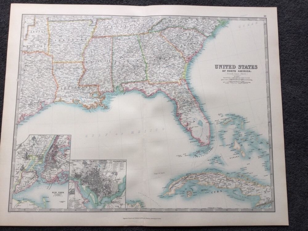 Mapa del sureste de Estados Unidos, 1898. Keith Johnston