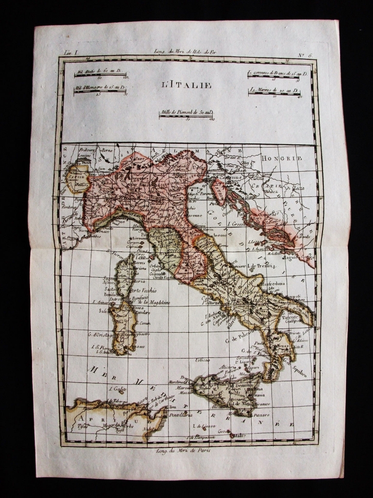 Mapa de Italia, Sicilia, Cerdeña, 1770. Bonne