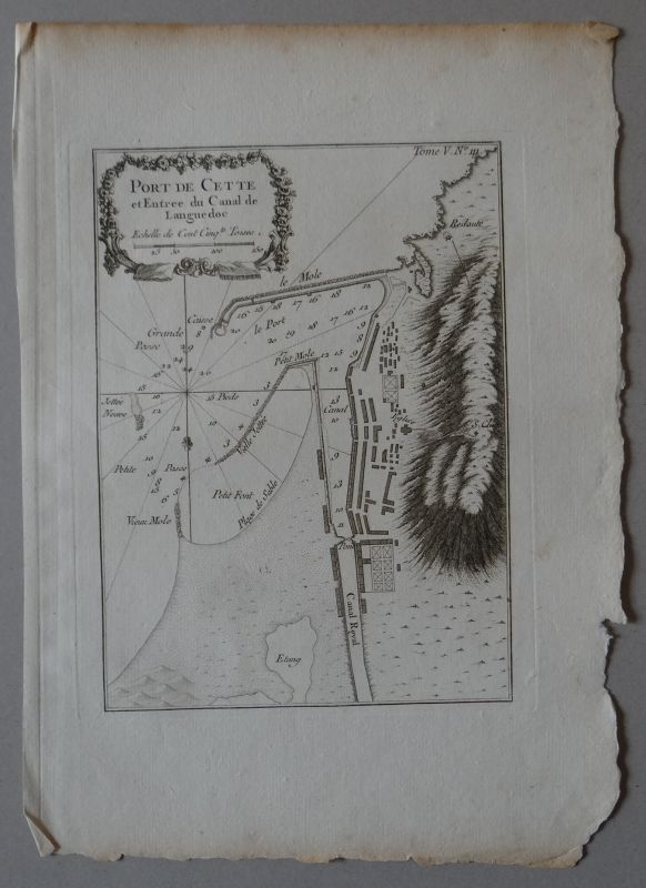 Mapa del puerto de Sète y el canal de Languedoc (Francia), 1764. Bellin