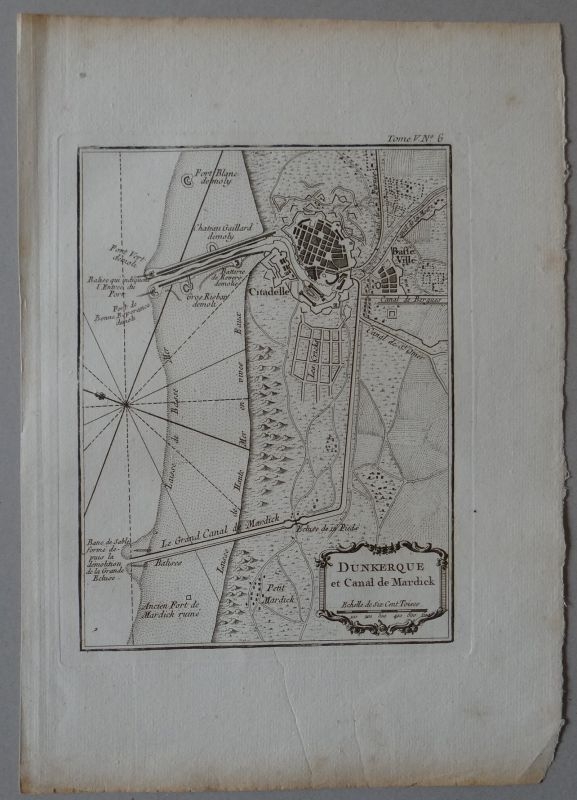 Mapa de Dunkerque y el canal de Mardick (francia), 1764. Bellin