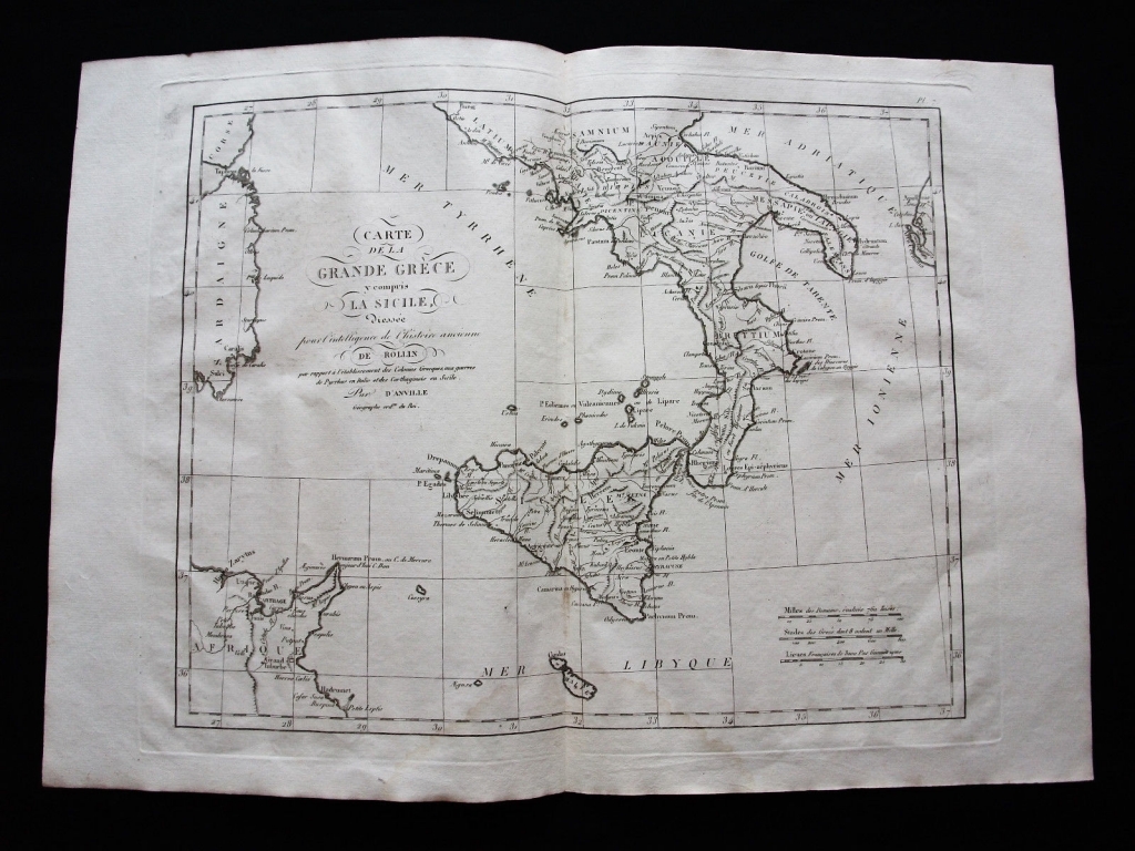 Antiguo mapa de Italia y Sicilia, 1770. Anville