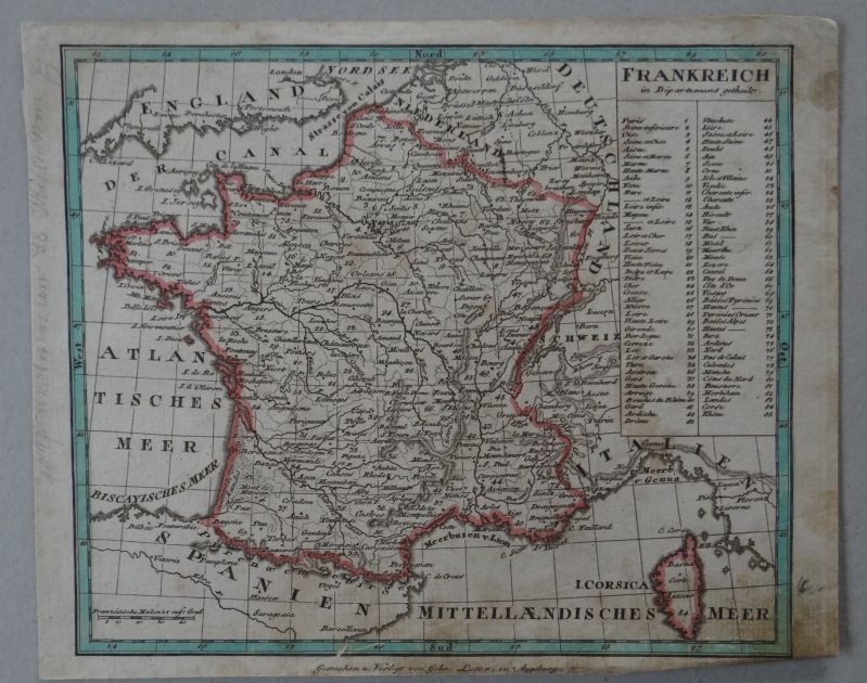 Antiguo mapa de Francia, 1750. Lotter