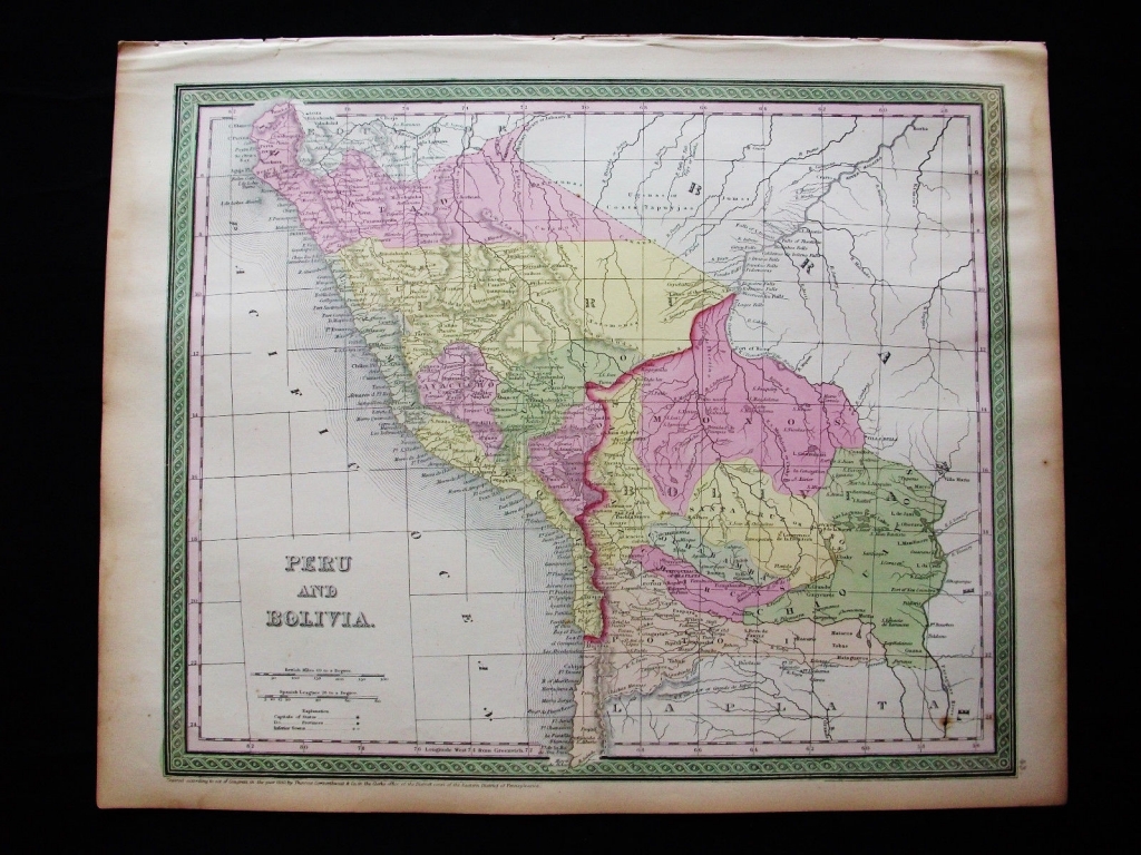 Mapa de Perú, Bolivia, Paraguay ( Ámerica del sur ), 1855. Desilver y Mitchell