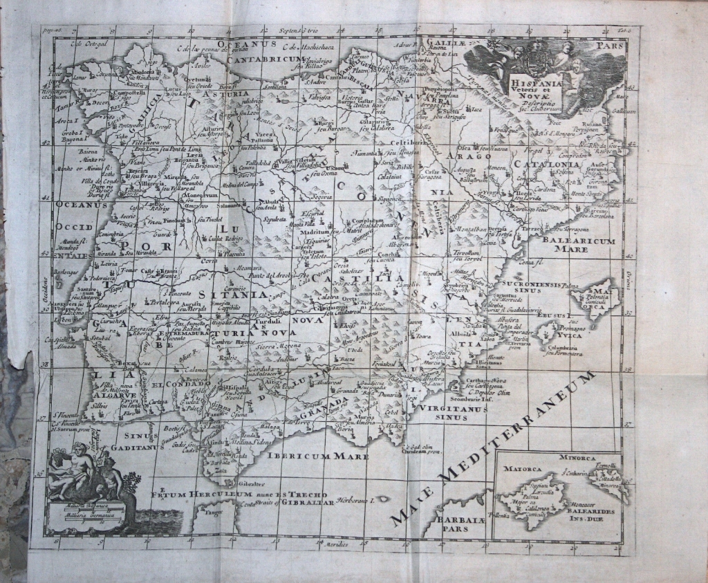 Antiguo mapa de España y Portugal, 1711. Bunone/Clüver/Nicholsoni