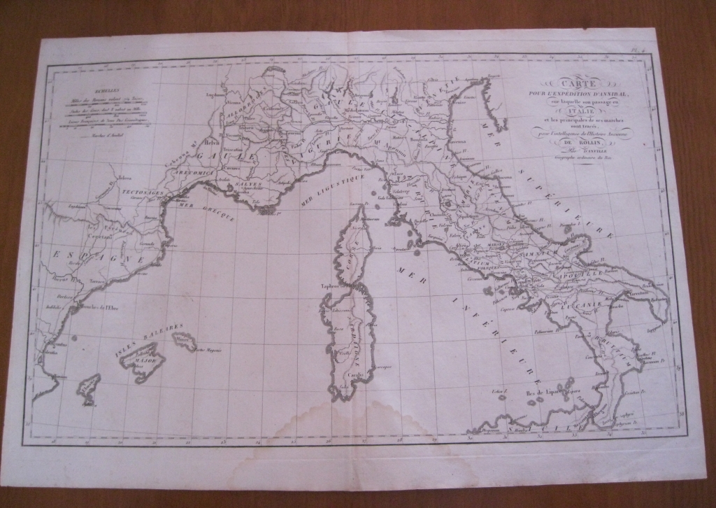 Mapa de la expedición de Anibal ( España, Francia e Italia ),1770. Anville/Rollin