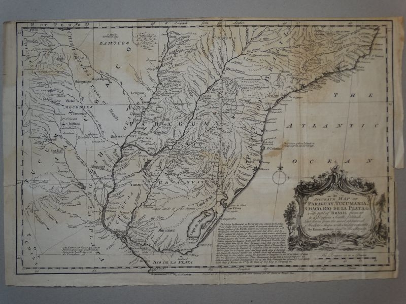 Mapa de Paraguay,  Uruguay y sur de Brasil ( Ámerica del sur ), circa 1750. Bowen