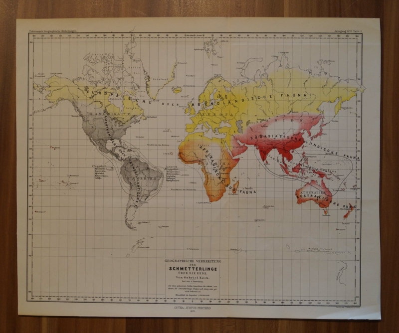Distribución geográfica de las mariposas en el mundo, 1870. Perthes