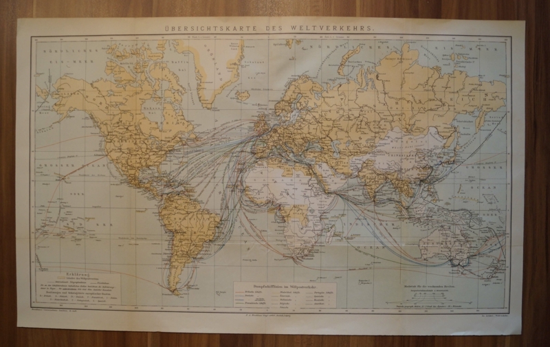 Mapa de tráfico de comunicación del Mundo, circa.1870. Brockhaus