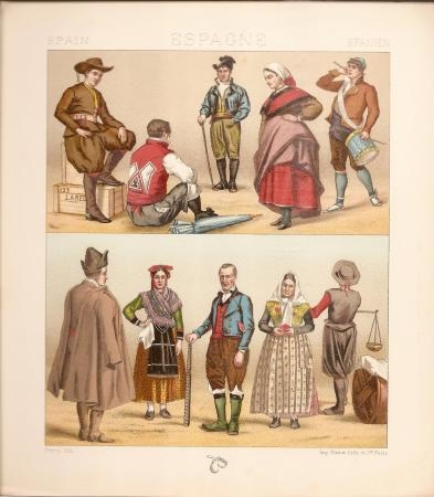 Trajes típicos de León, Galicia, Aragón y Asturias (España), 1888. Racinet/Didot