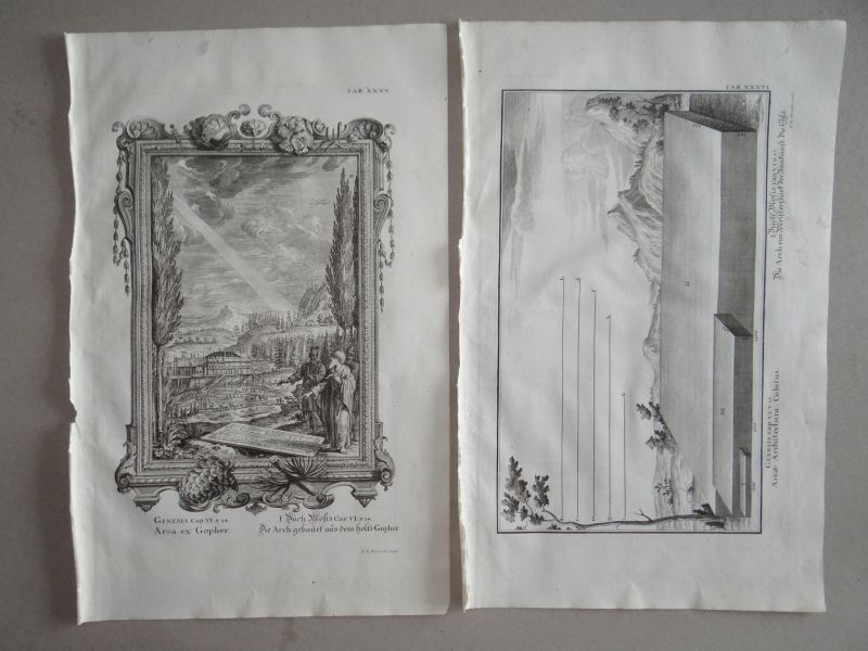 2 grabados sobre la construcción del Arca de Noé, 1731. Fridrich/Harder/Scheuchzer
