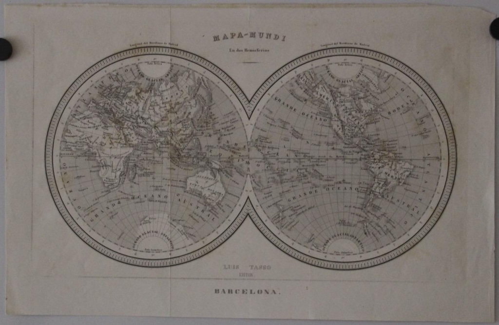 Mapa del Mundo en dos hemisferios, circa 1860. Luis Tasso