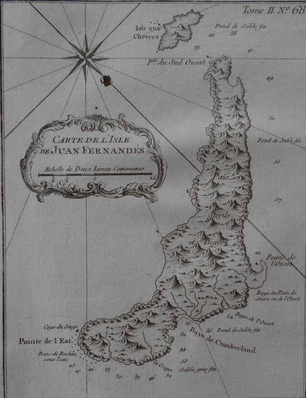 Mapa de la Isla de Juan Fernández (Chile, América del sur), 1764. Bellin
